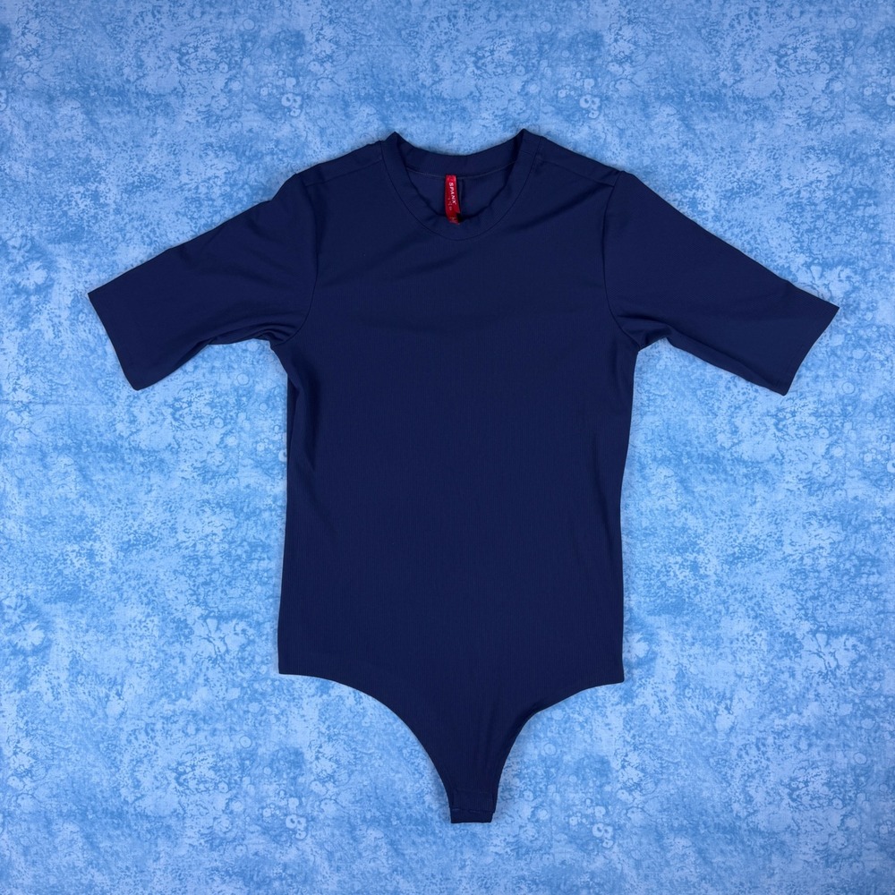 SPANX Suit Yourself Ribbed Crew Neck Short Sleeve Bodysuit Navy 20362R L